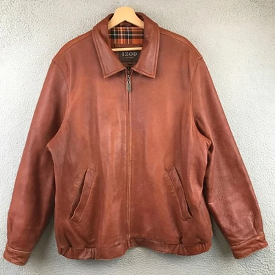 Chaqueta Bomber IZOD LEATHER Para Hombres XL Marrón Forrada a Cuadros Cremallera Bolsillos Frontales Foto 1 de 4