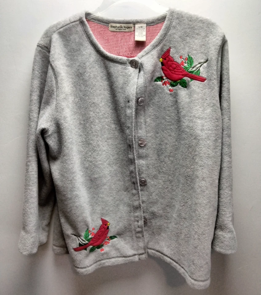 Suéter Stephanie Rogers Gris L Bordado Rojo Cardenal Pájaros Invierno Vellón Foto 1 de 4