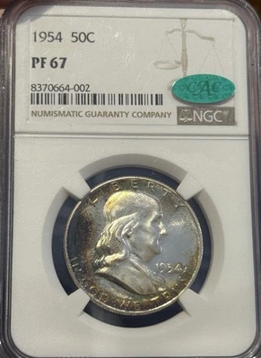 1954 PF67 NGC CAC Toned Franklin Half Dollar Color - Image 1 of 4
