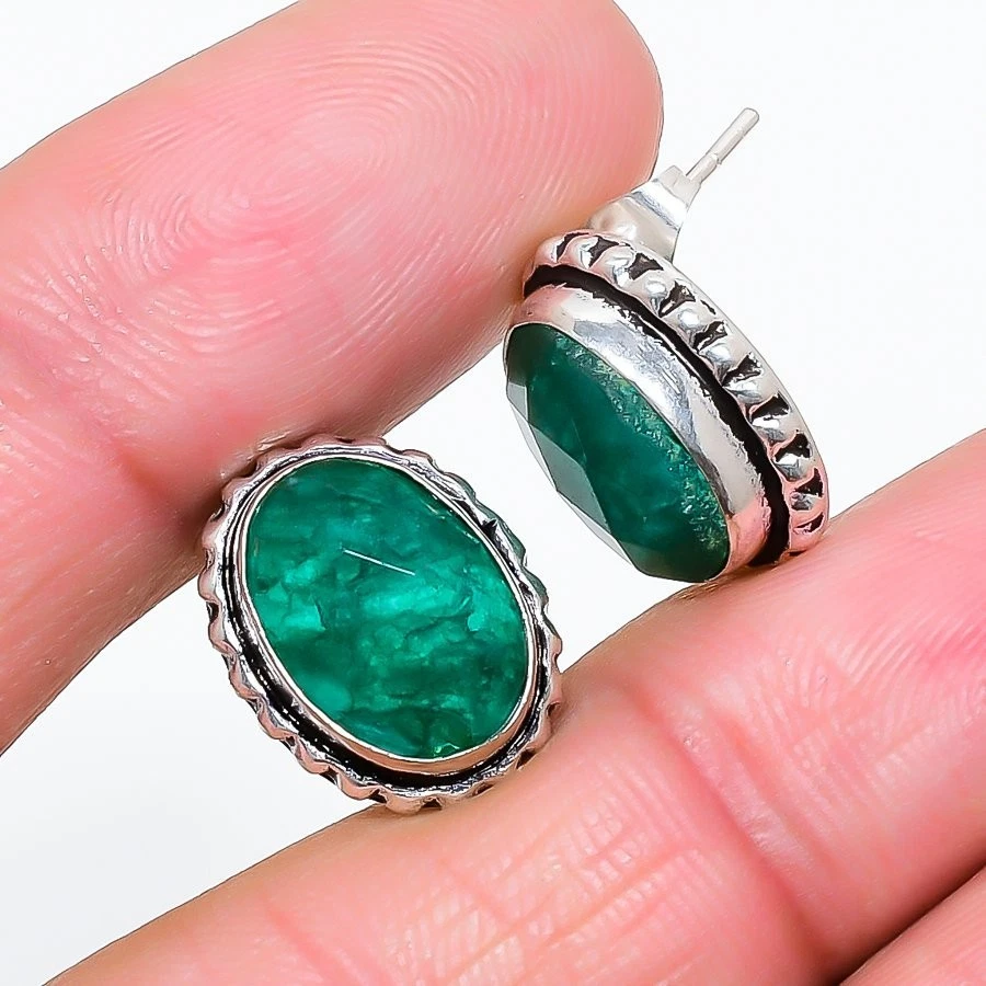 Green Onyx Gemstone Handmade 925 Sterling Silver Jewelry Stud Earring Size 0.75" - Image 1 of 1