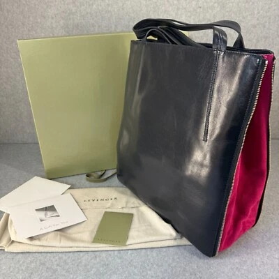 Levenger Work To Play Bag Navy Blue Leather Tote Bag Pink Suede Trim Gift New - Image 1 of 4