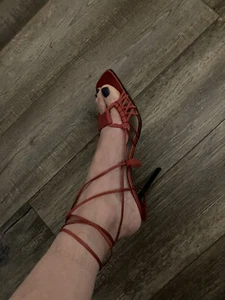 Vtg CHRISTIAN LACROIX Red Tassel MULE HEELS 40 Gladiator Wrap - Picture 1 of 5