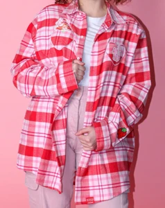 NEW Strawberry Shortcake Cakeworthy Button Flannel Shirt UNISEX Adult L XL 2XL - Picture 1 of 19