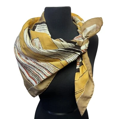 Cachecol de seda abstrato vintage Linda Curiel marrom 100% poliéster quadrado feito na Ita - Imagem 1 de 4