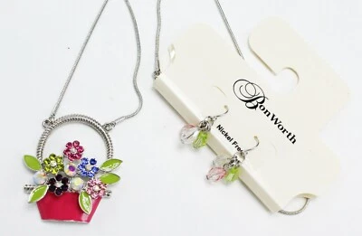 Novo Colar Pingente Cesta de Flores de Prata com Strass Novo com etiquetas #N2732 - Imagem 1 de 3