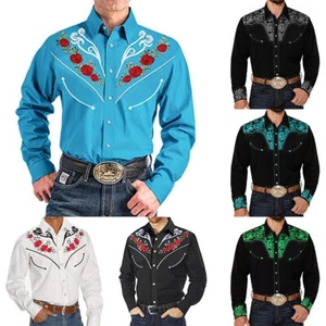 Shirt / Long Sleeve Cowboy Down Shirts Printed Casual Mens Buttons Western Retro - Picture 1 of 24