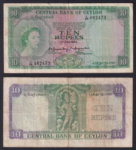 Billet Ceylan 10 Roupies 1954 P 55 BB / VF - Picture 1 of 1