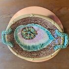 Antique 19Th Century Large Majolica Begonia Leaf Tray W Faux Bois And Green Handle