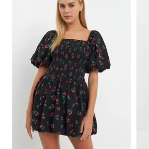 Nuevo sin etiquetas English Factory | Mini vestido manga abullonada estampado cereza, grande para mujer - Imagen 1 de 8
