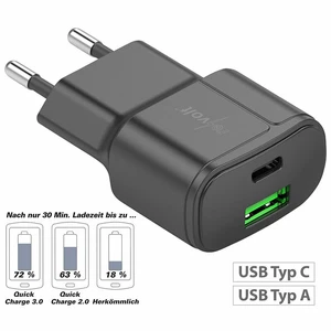 revolt Ultrakompaktes USB- & Notebook-Netzteil, USB-C/A, QC, PD, 30W, schwarz - Bild 1 von 9