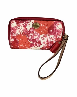 COACH Peyton Pink Orange Flora Cora Zip Around Abstract Wristlet Wallet VGUC 02 - Image 1 of 4