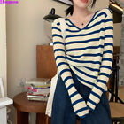 Korean Women Striped V-neck Casual T-shirt Knitted Tops Pullover Knitwear Blouse