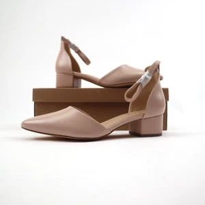 Women's Pumps Shoes Low Chunky Heels Ankle Strap Closed Toe Nude PU Beige 5.5 - Picture 1 of 14