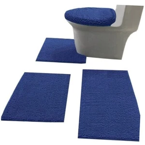 Bath Rug Set Combo 4 Piece 3 Piece Bath Rug Set And Toilet lid Cover Navy Blue - Picture 1 of 7