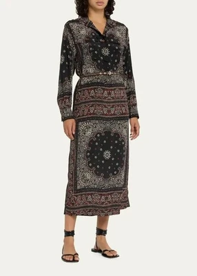 NUEVO CON ETIQUETAS ZIMMERMANN Vestido Utilitario Bandana Midi Cinturón Negro Mezcla Seda Paisley Talla 0 Foto 1 de 4