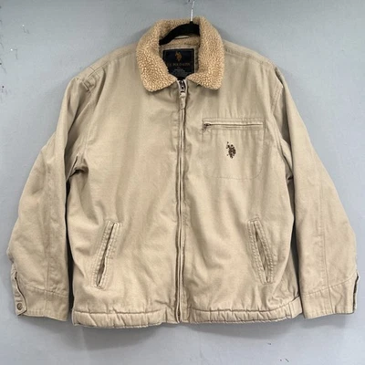 Abrigo Polo Assn de EE. UU. Hombres XL Lona Forrado Sherpa Chaqueta de Bombardero Tareas de Granero Bronceado Campo Foto 1 de 4