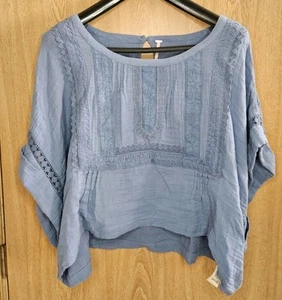 Free People Eden Lace Tee Oversized Womens Large Blue Cropped New Cute! - Picture 1 of 4