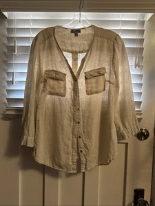 JM Collection Top Bluse Shirt Damen Gr. 4 Einfarbig Beige Leinen Knopfleiste - Bild 1 von 21