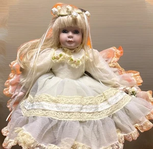 Marian Yu Blonde Girl Doll Sitting White Lace dress Flower Bouquet & Crown 1989 - Picture 1 of 8
