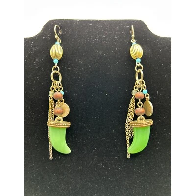 Pendientes colgantes tribales boho con cuerno verde y cadena 3,25" largo jade dijes moneda Foto 1 de 4