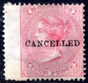 UK MAURITIUS 1860s FOUR PENCE OVERPRINTED CANCELLED S.G. #63 Sc. #35 MINT HINGED - Picture 1 of 2