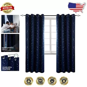 Room Darkening Navy Blue Star Foil Curtains - Insulated Grommet Panels, 52x84 - Picture 1 of 11