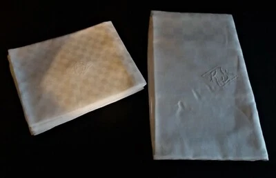 Linge de table lin damassé monogramme dix serviettes nappe 200 X 210 cm - Photo 1/4