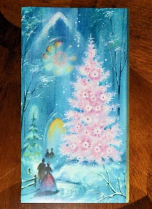 VINTAGE UNUSED Christmas Card GLITTER GLITTERED PINK TREE PEOPLE CHURCH 8" - Picture 1 of 4