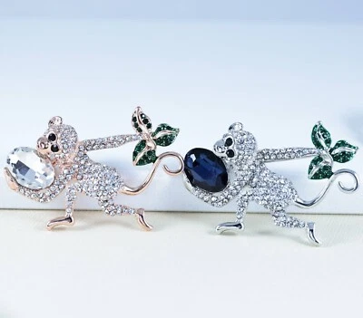 Monkey Animal Austrian Rhinestone Crystal Brooch Pin Silver Or Rose Gold B5672 - Image 1 of 4