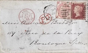 GB QV 1866 COVER PENNY RED 'EJ' & 3d 'NC' LONDON TO BOULOGNE FRANCE DT 28TH AUG - Bild 1 von 2