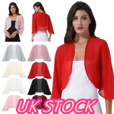 `Womens Chiffon Open Front 3/4 Sleeve Sheer Shrug Cropped Bolero Cardigan - Image 1 of 4