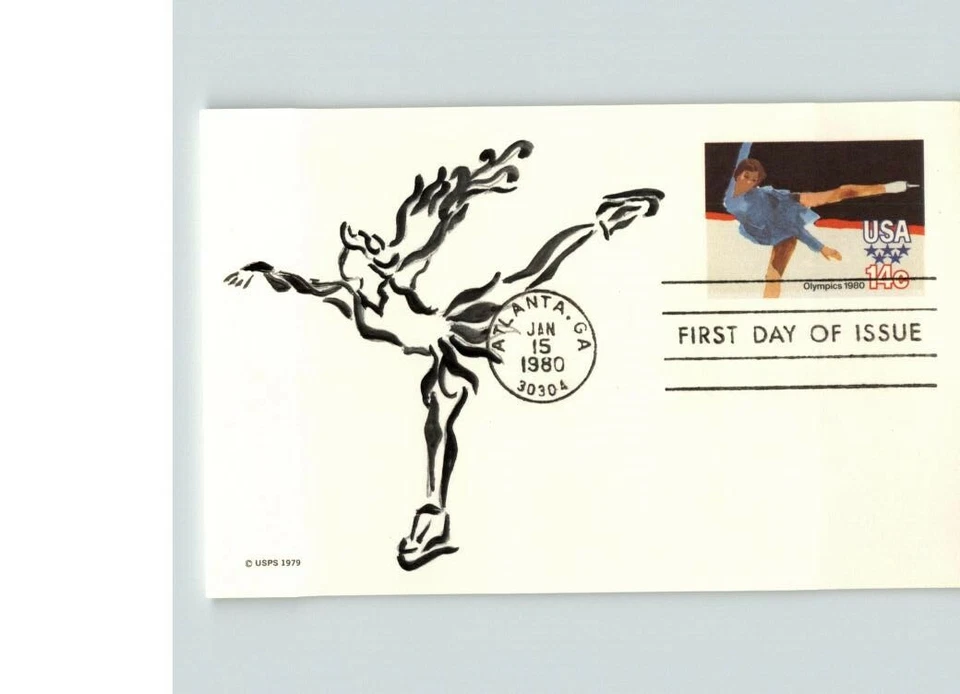Hand Painted FIGURE SKATING, Olympics 1980 # 1 of 1 made, Postal card FDC - Image 1 of 1