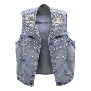Weste Perlen Jacke Mantel Retro Gilet Top Damen Ärmellos Jeansweste Gilet - Bild 1 von 3