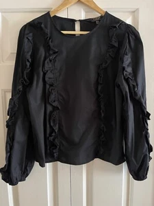 Womens Lipsy Cotton Ruffle detail blouse shirt long sleeve black size 12 - Picture 1 of 7