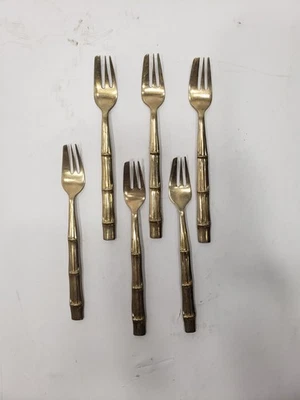 Lote de 6 garfos de bambu vintage de níquel bronze sobremesa feitos na Tailândia seminovos - Imagem 1 de 4