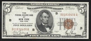 ⭐⭐ 1929 $5 NEW YORK FRBN FEDERAL RESERVE BANK NOTE Fr 1850-B 30406 - Picture 1 of 2