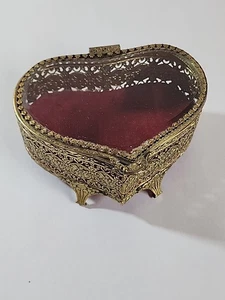 Vintage Gold Vergoldet Ormolu Messing Abgeschrägtes Glas Schmuck Schmuckkästchen Herzform - Bild 1 von 19