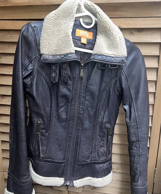 Chaqueta de moto Michael Kors para mujer de cuero marrón manga larga talla pequeña Foto 1 de 4