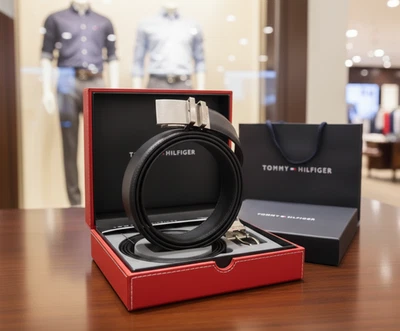 Tommy Hilfiger 双面黑色/棕色皮革腰带带高级盒装礼品套装 — 第 1/4 张图片