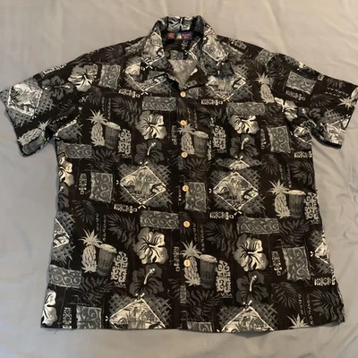 Camisa Roundy Bay Para Hombre XL Negra Gris Hawaiana Aloha Estampado Floral Abotonada Foto 1 de 4
