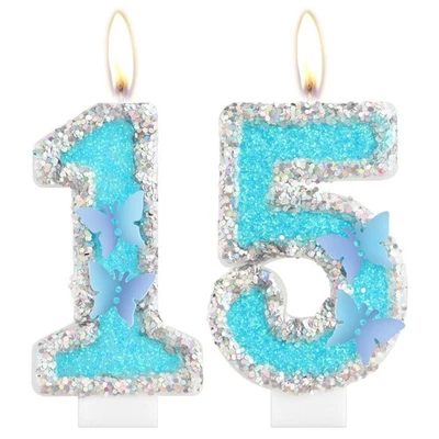 Velas de cumpleaños, vela número 15, decoraciones de cumpleaños 15 mariposa, azul Ha... Foto 1 de 4