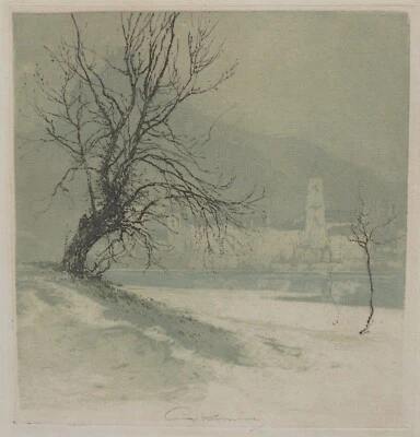 Luigi Kasimir, Dürnstein im Nebel, Wachau, Farbradierung, signiert - Bild 1 von 4