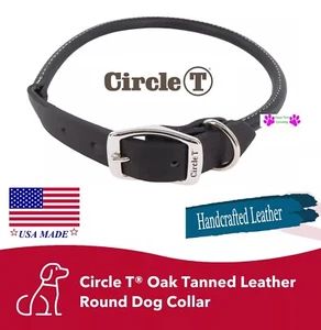 USA MADE CIRCLE T Premium Latigo Black Leather ROLLED DOG COLLAR Round - Picture 1 of 8