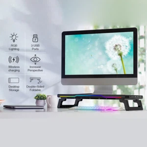 Desktop PC Monitor Stand Bracket Computer Screen Riser Holder USB HUB With RGB - Picture 1 of 24