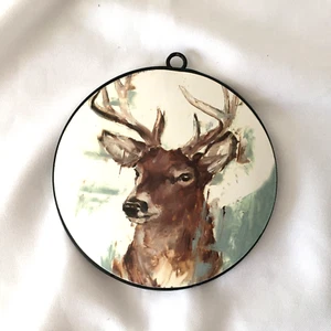 Deer Disk Ornament 6" Metal Christmas Seasonal Décor Domed Portrait Aluminum - Picture 1 of 24