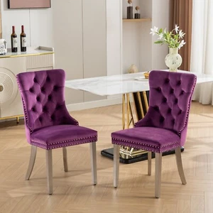 2Set Velvet Upholstered Dining Chairs Button Tufted Stainless Steel Legs Purple - Picture 1 of 9