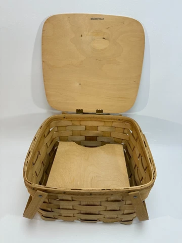 Vintage Basketville Wooden Weave Picnic Basket Hinged Top with pie shelf Cover