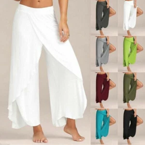 Womens Slit Flared Palazzo Trousers Wide Leg High Loose Chiffon Harem Yoga Pants - Picture 1 of 17