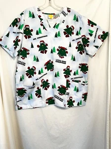 WOMENS LARGE MR. MEN & LITTLE MISS CHRISTMAS TREES NURSE SCRUB UNIFORM TOP SHIRT - Picture 1 of 4