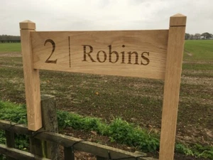 Oak House Sign with Post, Carved, Personalised Custom Engraved Wooden Plaque - Picture 1 of 5